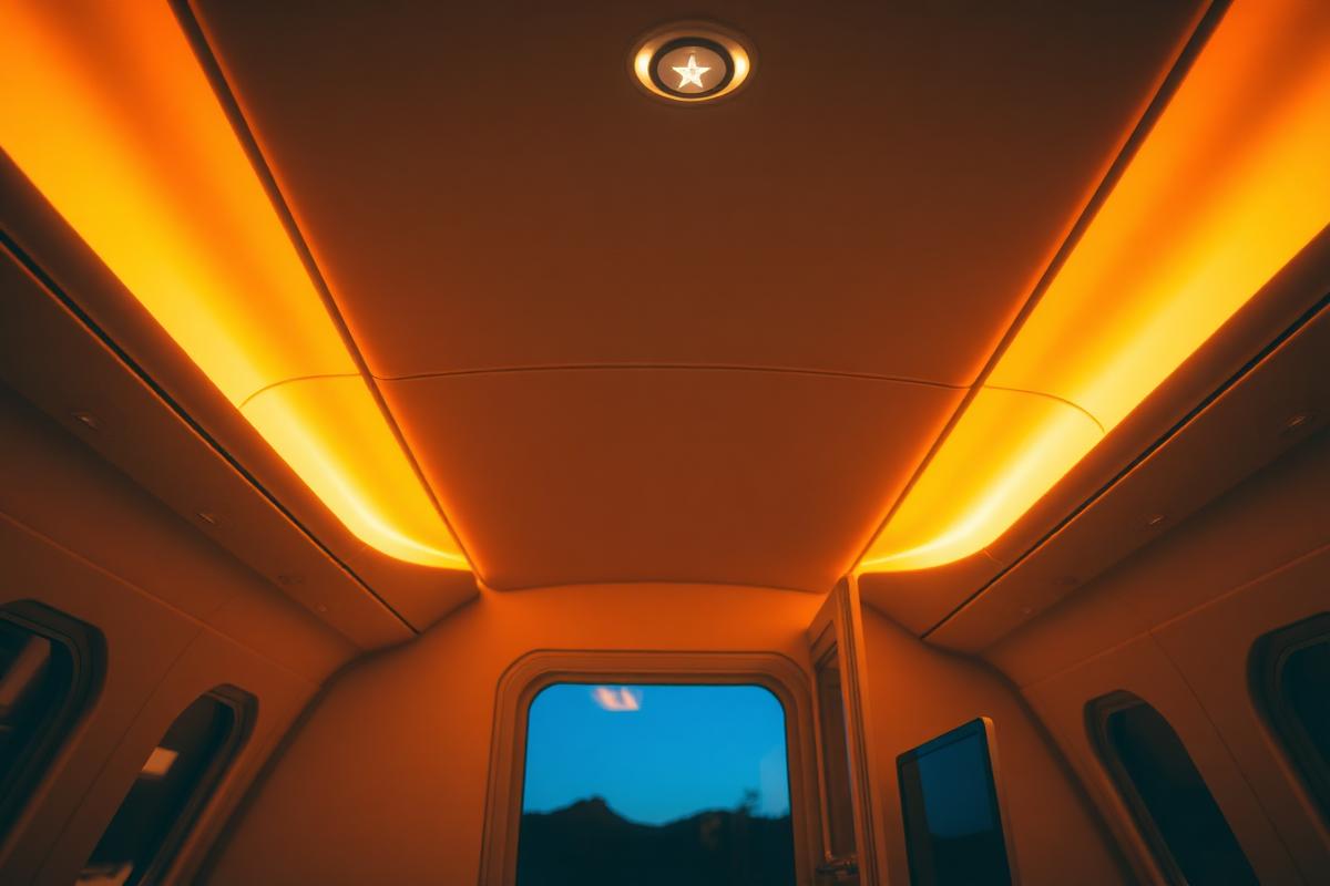 Warm cabin lighting at night